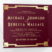 Art Deco Lijst Bourgogne Goud QR Code Bruiloft Drieluik Uitnodiging (Binnenzijde eerst)