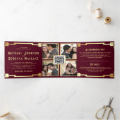 Art Deco Lijst Bourgogne Goud QR Code Bruiloft Drieluik Uitnodiging (Binnen)