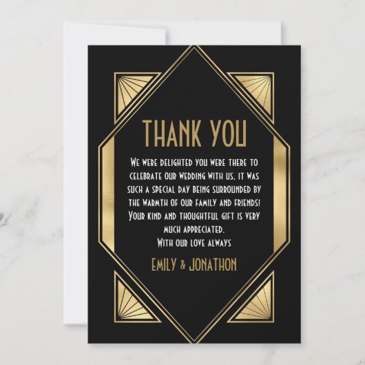 Art Deco Lijst Foto Zwart Goud Bruiloft Dank u Bedankkaart (Voorkant)