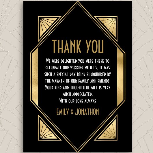 Art Deco Lijst Foto Zwart Goud Bruiloft Dank u Bedankkaart