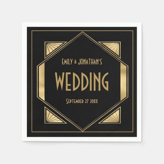 Art Deco Lijst Goud Zwart 1920s Bruiloft Servet (Voorkant)