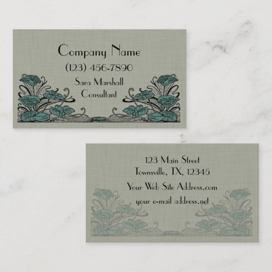 Art Deco Lillies Green Linen Visitekaartje (Voorkant / Achterkant)