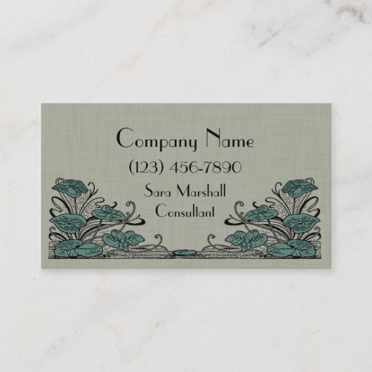 Art Deco Lillies Green Linen Visitekaartje (Voorkant)