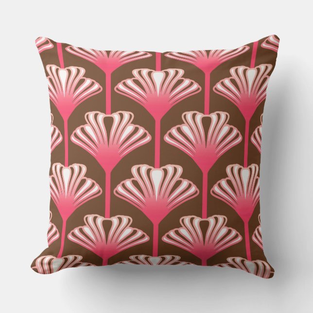 Art Deco Lily, Dark Brown en Coral Pink Buitenkussen (Voorkant)