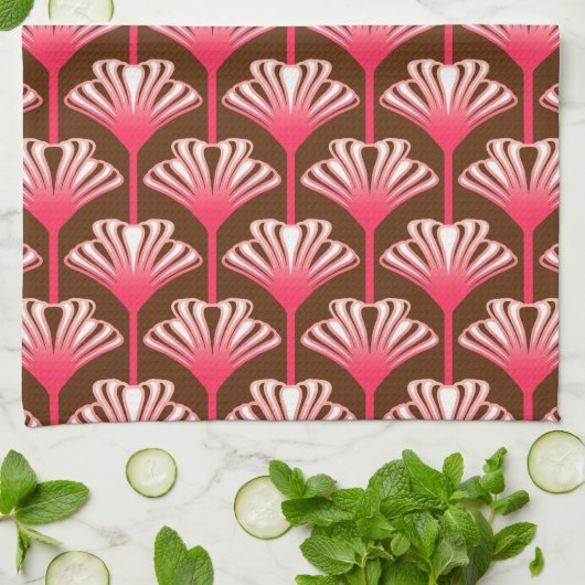 Art Deco Lily, Dark Brown en Coral Pink Theedoek (Gevouwen)