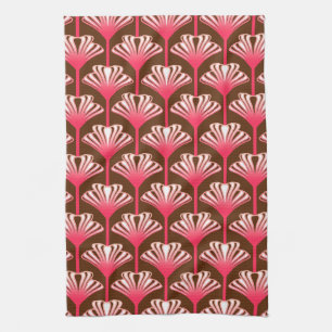 Art Deco Lily, Dark Brown en Coral Pink Theedoek