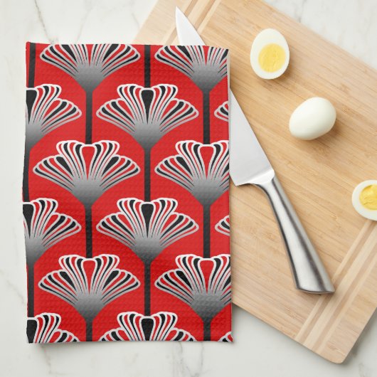 Art Deco Lily, Deep Red en Grey/Grey Theedoek (Quarter Fold)