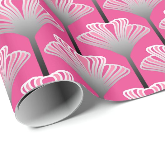 Art Deco Lily, Fuchsia Pink en Silver Grey Cadeaupapier (Rol Hoek)