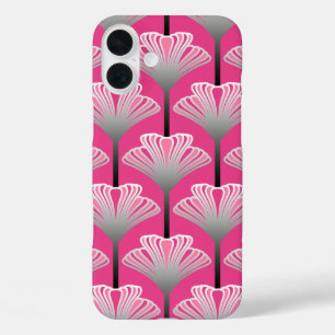 Art Deco Lily, Fuchsia Pink en Silver Grey iPhone 16 Plus Hoesje