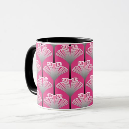 Art Deco Lily, Fuchsia Pink en Silver Grey Mok (Voorkant links)