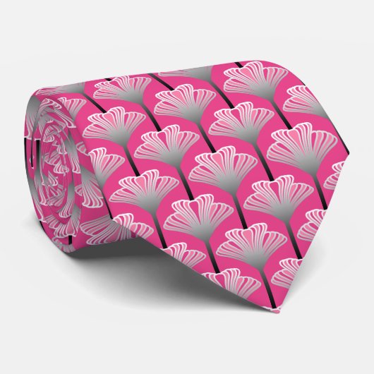 Art Deco Lily, Fuchsia Pink en Silver Grey Stropdas (Opgerold)