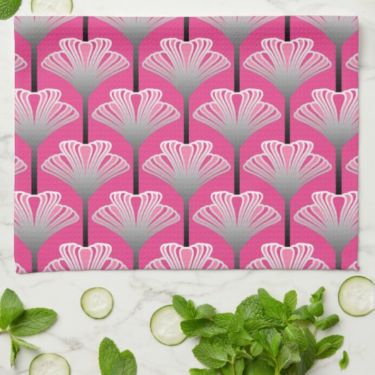 Art Deco Lily, Fuchsia Pink en Silver Grey Theedoek (Gevouwen)