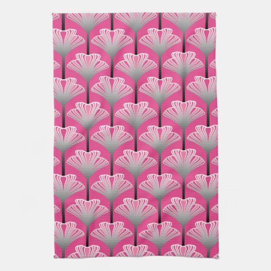 Art Deco Lily, Fuchsia Pink en Silver Grey Theedoek (Verticaal)