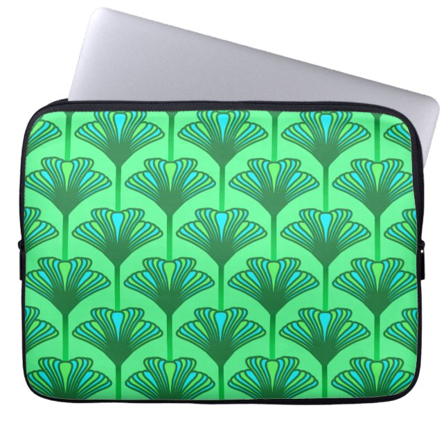 Art Deco Lily, Jade Green en Turquoise Laptop Sleeve (Voorkant)