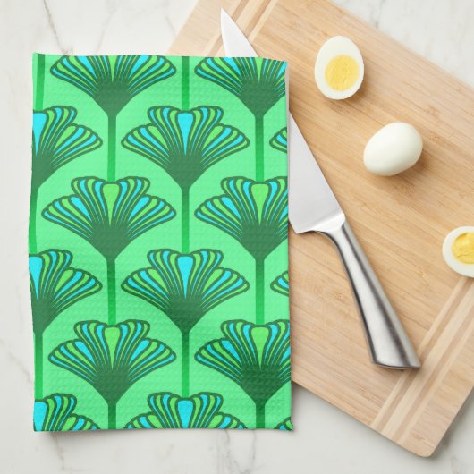 Art Deco Lily, Jade Green en Turquoise Theedoek (Quarter Fold)