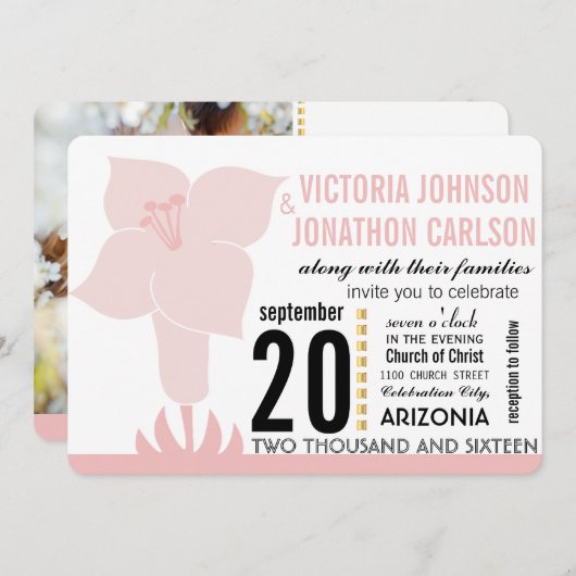 Art Deco Lily Modern Typography Wedding Invite Kaart (Voorkant / Achterkant)