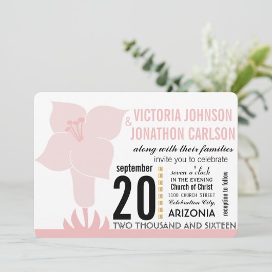 Art Deco Lily Modern Typography Wedding Invite Kaart (Staand voorkant)