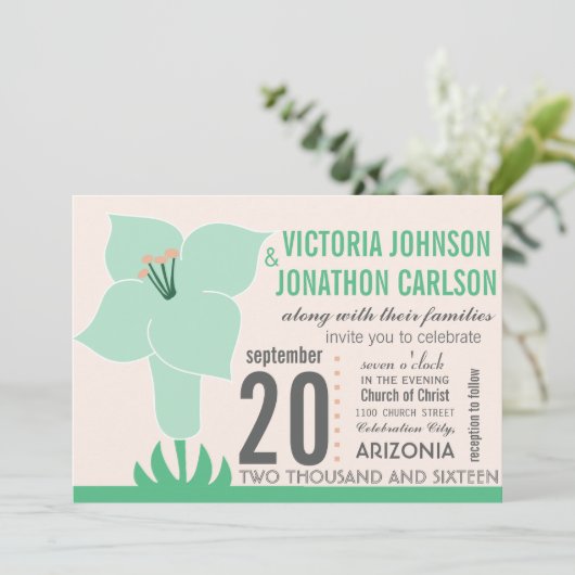 Art Deco Lily Modern Typography Wedding Invite Kaart (Staand voorkant)