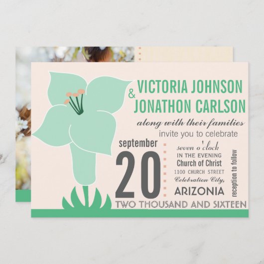 Art Deco Lily Modern Typography Wedding Invite Kaart (Voorkant / Achterkant)