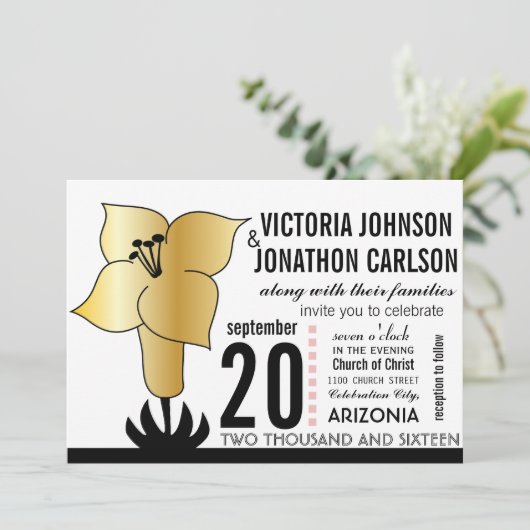 Art Deco Lily Modern Typography Wedding Invite Kaart (Staand voorkant)