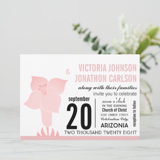 Art Deco Lily Modern Typography Wedding Invite Kaart (Staand voorkant)