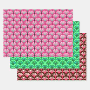 Art Deco Lily, Pink, Jade Green, Brown en Coral Inpakpapier Vel