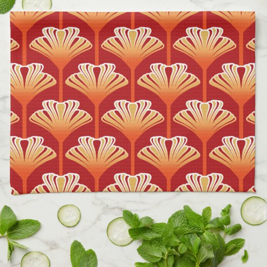 Art Deco Lily, Tangerine Oranje en Gold Theedoek (Gevouwen)