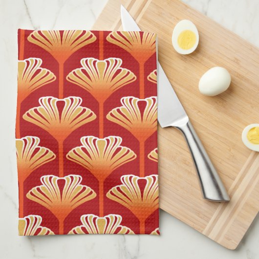 Art Deco Lily, Tangerine Oranje en Gold Theedoek (Quarter Fold)