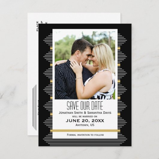 Art Deco Lines Black & Gold Photo Save the Date Aankondigingskaart (Voorkant / Achterkant)