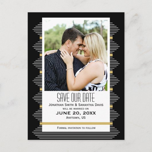 Art Deco Lines Black & Gold Photo Save the Date Aankondigingskaart (Voorkant)
