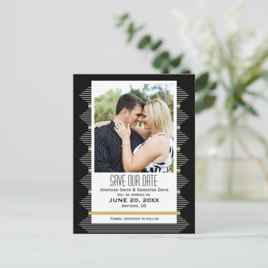 Art Deco Lines Black & Gold Photo Save the Date Aankondigingskaart (Staand voorkant)