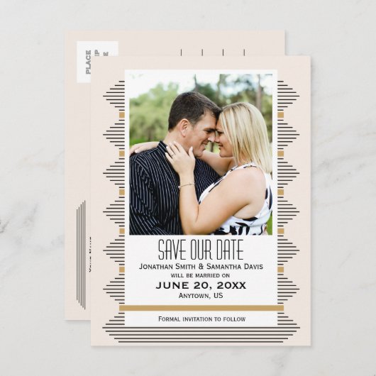 Art Deco Lines, Goud & Zwart Foto Bewaar de datum Aankondigingskaart (Voorkant / Achterkant)