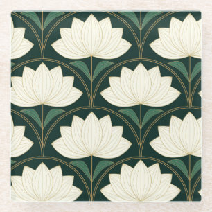 Art Deco Lotus Bloemen op Golden Fans Patroon Glazen Onderzetter