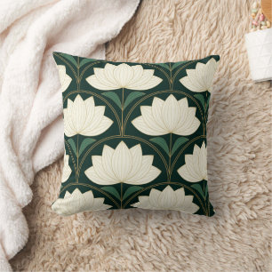 Art Deco Lotus Bloemen op Golden Fans Patroon Kussen