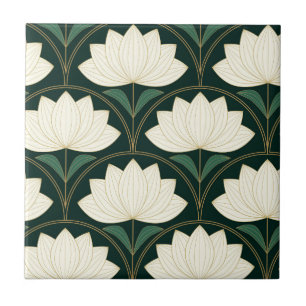 Art Deco Lotus Bloemen op Gouden Fans Tegeltje