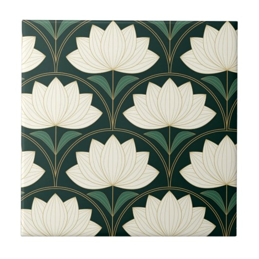 Art Deco Lotus Bloemen op Gouden Fans Tegeltje (Voorkant)