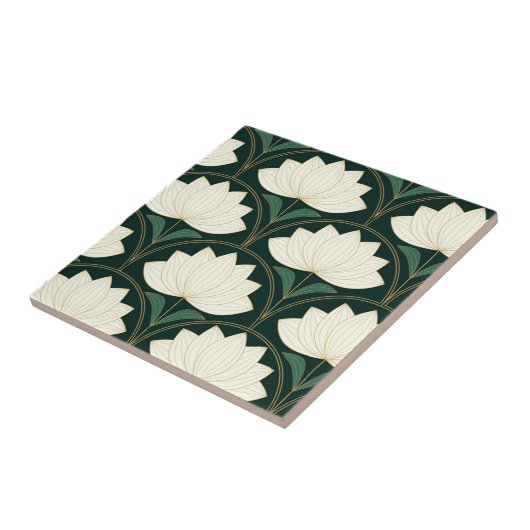 Art Deco Lotus Bloemen op Gouden Fans Tegeltje (Zijkant)