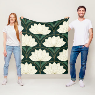 Art Deco Lotus Bloemen op Gouden Ventilator vormen Fleece Deken