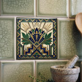 Art Deco Lotus Floral Navy Blue Gold Green Pattern Tegeltje