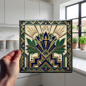 Art Deco Lotus Floral Navy Blue Gold Green Pattern Tegeltje