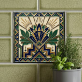 Art Deco Lotus Floral Navy Blue Gold Green Pattern Tegeltje