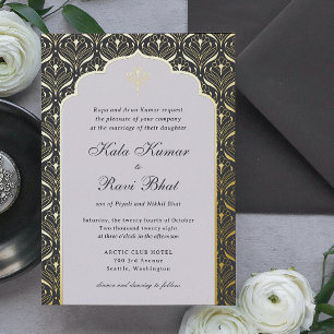 Art Deco Lotus Goud Bloemen Bruiloft Folie Uitnodiging