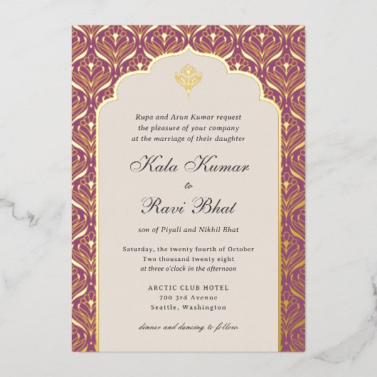 Art Deco Lotus Goud Bloemen Bruiloft Folie Uitnodiging (Voorkant)