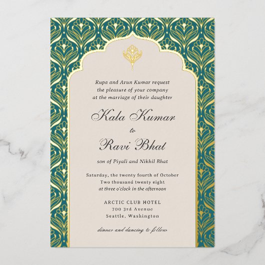 Art Deco Lotus Goud Bloemen Bruiloft Folie Uitnodiging (Voorkant)