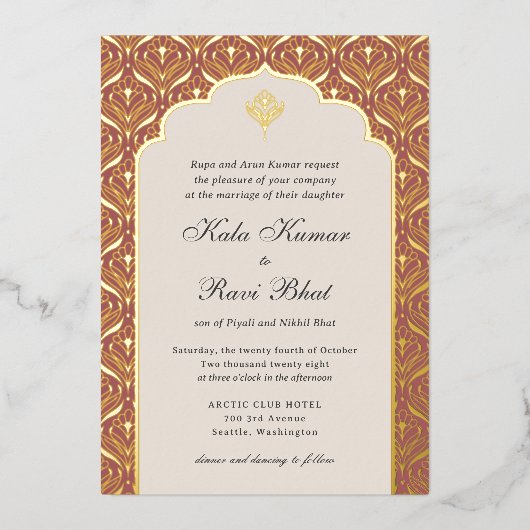 Art Deco Lotus Goud Bloemen Bruiloft Folie Uitnodiging (Voorkant)