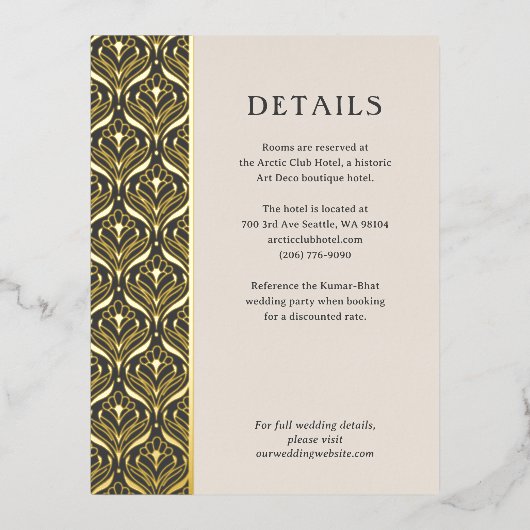 Art Deco Lotus Goud Bruiloft Details Behuizing Kaa Folie Uitnodiging Briefkaart (Voorkant)