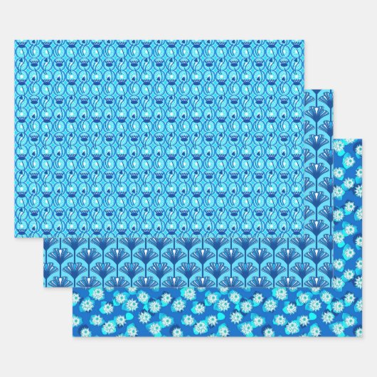 Art Deco Lotus Pattern, Turquoise & Cobalt Blue Inpakpapier Vel (Set)