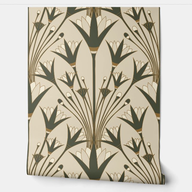Art Deco Lotus - Scallop Lotus - Brown & Green Behang (Afrollen)