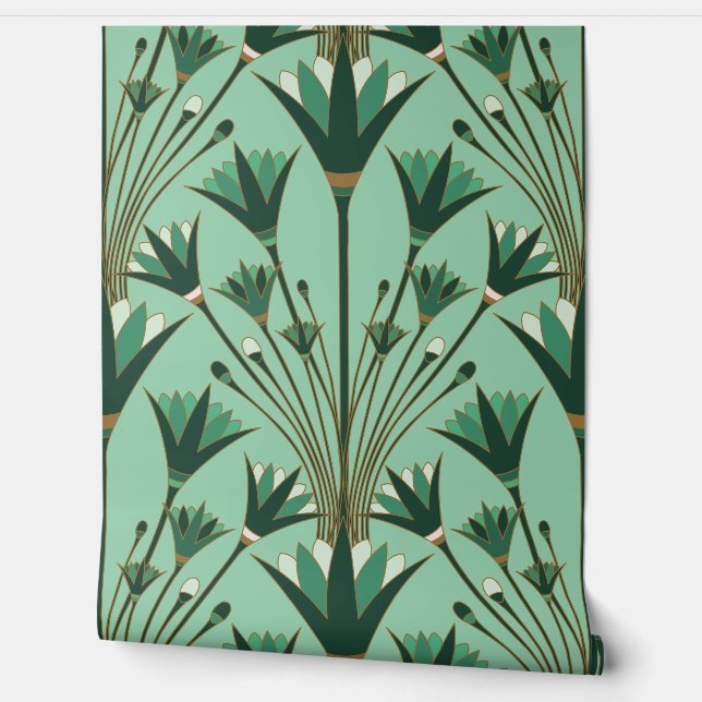 Art Deco Lotus - Scallop Lotus - Mint Green Behang (Afrollen)