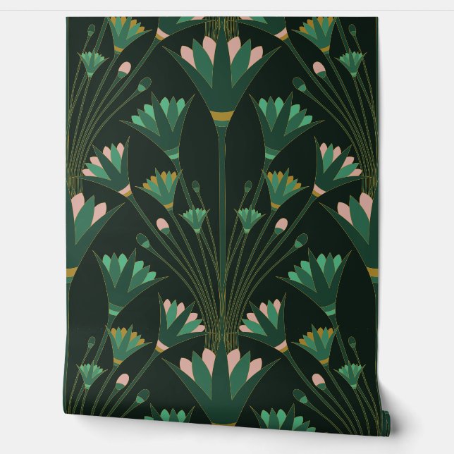 Art Deco Lotus - Schelp Lotus - Smaragdgroen Behang (Afrollen)